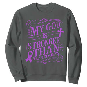 My God Is Stronger Than Alzheimers Sweatshirt Faith Hope Purple Ribbon Graphic