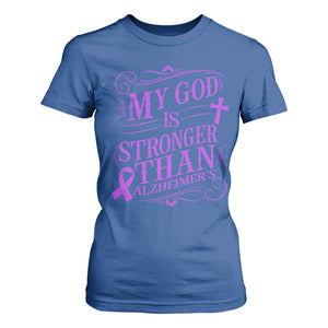My God Is Stronger Than Alzheimers T Shirt For Women Faith Hope Purple Ribbon Graphic