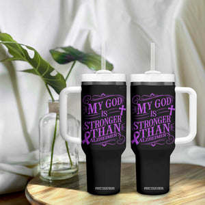 My God Is Stronger Than Alzheimers Tumbler With Handle Faith Hope Purple Ribbon Graphic