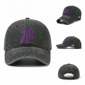 My God Is Stronger Than Alzheimers Washed Cotton Baseball Cap Faith Hope Purple Ribbon Graphic