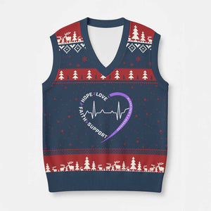 Alzheimers Awareness Heart Heartbeat Purple Ribbon V-Neck Knit Sweater Vest Hope Love Faith Support
