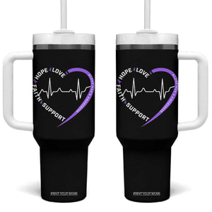 Alzheimers Awareness Heart Heartbeat Purple Ribbon Tumbler With Handle Hope Love Faith Support