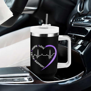 Alzheimers Awareness Heart Heartbeat Purple Ribbon Tumbler With Handle Hope Love Faith Support