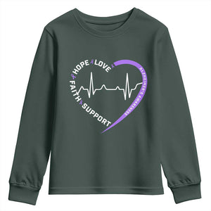 Alzheimers Awareness Heart Heartbeat Purple Ribbon Youth Sweatshirt Hope Love Faith Support