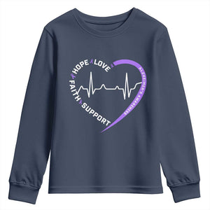 Alzheimers Awareness Heart Heartbeat Purple Ribbon Youth Sweatshirt Hope Love Faith Support