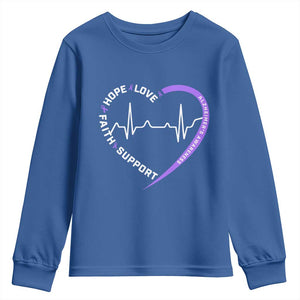 Alzheimers Awareness Heart Heartbeat Purple Ribbon Youth Sweatshirt Hope Love Faith Support