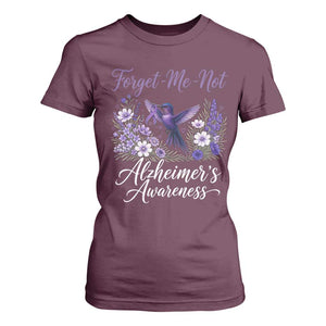 Forget Me Not Alzheimers Awareness T Shirt For Women Hummingbird Purple Ribbon Floral