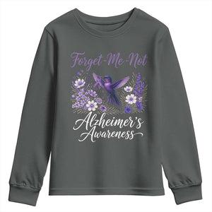 Forget Me Not Alzheimers Awareness Youth Sweatshirt Hummingbird Purple Ribbon Floral