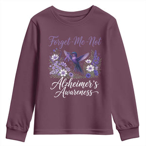 Forget Me Not Alzheimers Awareness Youth Sweatshirt Hummingbird Purple Ribbon Floral