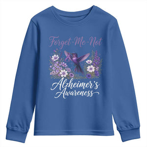 Forget Me Not Alzheimers Awareness Youth Sweatshirt Hummingbird Purple Ribbon Floral