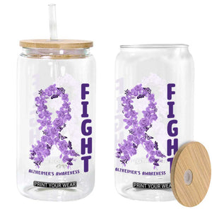 Fight Alzheimers Awareness Support Glass Can Purple Ribbon Floral Butterfly