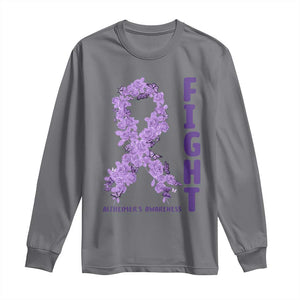Fight Alzheimers Awareness Support Long Sleeve Shirt Purple Ribbon Floral Butterfly