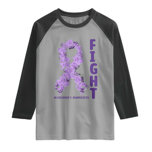 Fight Alzheimers Awareness Support Raglan Shirt Purple Ribbon Floral Butterfly