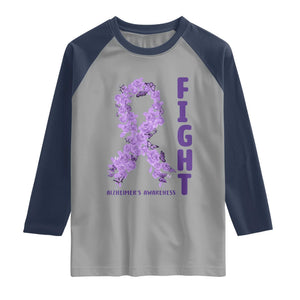 Fight Alzheimers Awareness Support Raglan Shirt Purple Ribbon Floral Butterfly