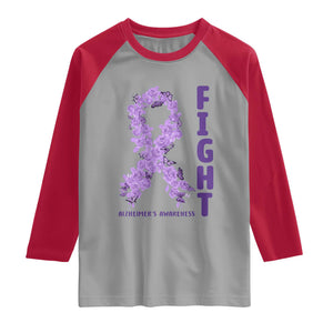 Fight Alzheimers Awareness Support Raglan Shirt Purple Ribbon Floral Butterfly