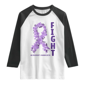Fight Alzheimers Awareness Support Raglan Shirt Purple Ribbon Floral Butterfly