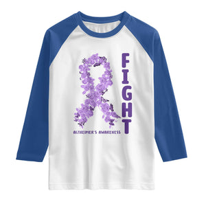 Fight Alzheimers Awareness Support Raglan Shirt Purple Ribbon Floral Butterfly