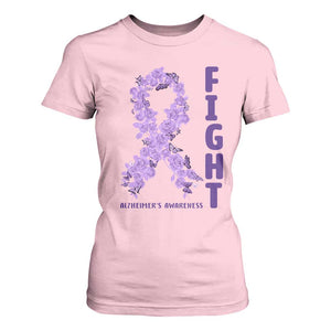Fight Alzheimers Awareness Support T Shirt For Women Purple Ribbon Floral Butterfly