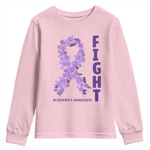 Fight Alzheimers Awareness Support Youth Sweatshirt Purple Ribbon Floral Butterfly