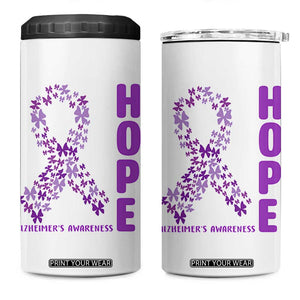 Hope Alzheimer's Awareness Purple Butterfly Ribbon Support 4 in 1 Can Cooler Tumbler