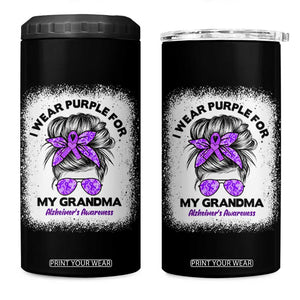 I Wear Purple For My Grandma 4 in 1 Can Cooler Tumbler Alzheimers Awareness Messy Bun Graphic