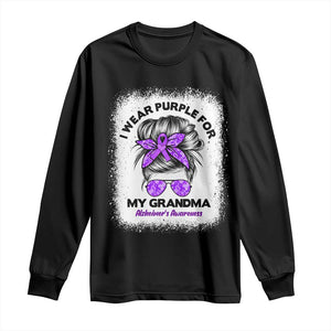 I Wear Purple For My Grandma Long Sleeve Shirt Alzheimers Awareness Messy Bun Graphic