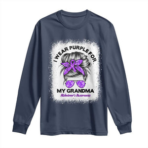 I Wear Purple For My Grandma Long Sleeve Shirt Alzheimers Awareness Messy Bun Graphic