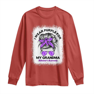 I Wear Purple For My Grandma Long Sleeve Shirt Alzheimers Awareness Messy Bun Graphic