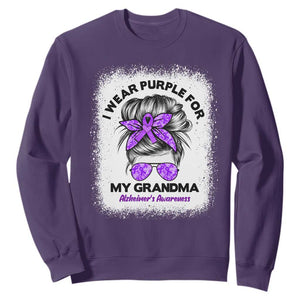 I Wear Purple For My Grandma Sweatshirt Alzheimers Awareness Messy Bun Graphic