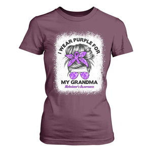 I Wear Purple For My Grandma T Shirt For Women Alzheimers Awareness Messy Bun Graphic
