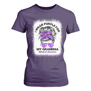 I Wear Purple For My Grandma T Shirt For Women Alzheimers Awareness Messy Bun Graphic