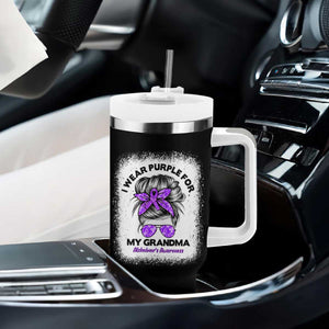 I Wear Purple For My Grandma Tumbler With Handle Alzheimers Awareness Messy Bun Graphic