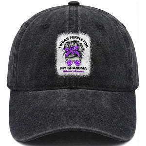 I Wear Purple For My Grandma Washed Cotton Baseball Cap Alzheimers Awareness Messy Bun Graphic