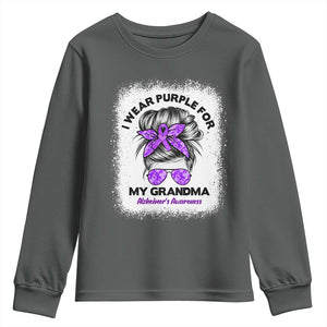 I Wear Purple For My Grandma Youth Sweatshirt Alzheimers Awareness Messy Bun Graphic