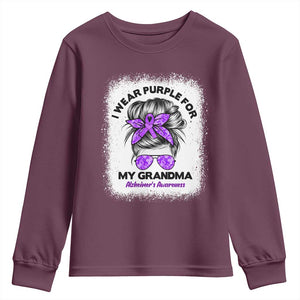 I Wear Purple For My Grandma Youth Sweatshirt Alzheimers Awareness Messy Bun Graphic