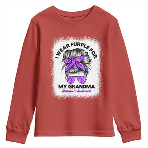 I Wear Purple For My Grandma Youth Sweatshirt Alzheimers Awareness Messy Bun Graphic