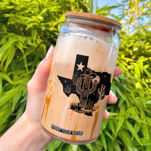 Western Pride Gift Glass Can Cactus Texas Map With Cowboy Hat TS12 White Print Your Wear