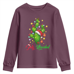Feliz Navidad Cactus Youth Sweatshirt Funny Spanish Christmas Gift TS12 Maroon Print Your Wear