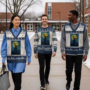 Mothman Starry Night V-Neck Knit Sweater Vest Van Gogh Cryptid Gift TS12 Beige Navy Print Your Wear