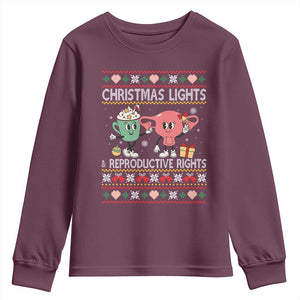 Funny Feminist Christmas Lights And Reproductive Rights Ugly Holiday Gift Youth Sweatshirt TS12 Maroon Print Your Wear