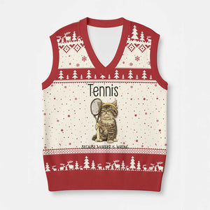 Funny Cat Plays Tennis V-Neck Knit Sweater Vest Because Murder Is Wrong TS12 Beige Red Print Your Wear