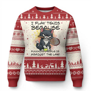Funny Cat Plays Tennis Ugly Christmas Sweater Because Punching People Is Against The Law TS12 Beige Red Print Your Wear