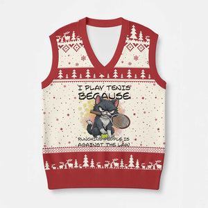 Funny Cat Plays Tennis V-Neck Knit Sweater Vest Because Punching People Is Against The Law TS12 Beige Red Print Your Wear