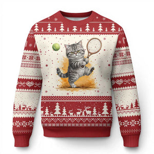 Funny Grumpy Cat Tennis Player Ugly Christmas Sweater Gift For Tennis Fans TS12 Beige Red Print Your Wear