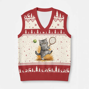 Funny Grumpy Cat Tennis Player V-Neck Knit Sweater Vest Gift For Tennis Fans TS12 Beige Red Print Your Wear