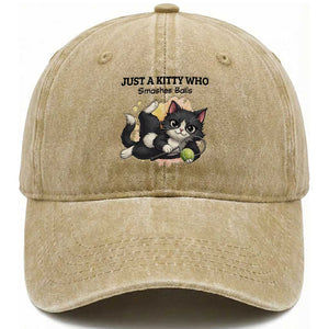 Just A Kitty Who Smashes Balls Washed Cotton Baseball Cap Funny Tennis Cat Gift TS12 Print Your Wear