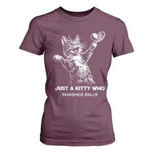 Funny Cat Plays Tennis T Shirt For Women Just A Kitty Who Smashes Balls TS12 Maroon Print Your Wear