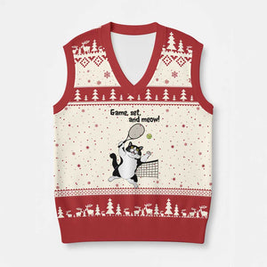 Funny Chubby Cat Tennis V-Neck Knit Sweater Vest Game Set And Meow TS12 Beige Red Print Your Wear