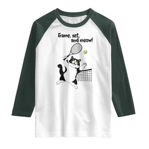 Funny Chubby Cat Tennis Raglan Shirt Game Set And Meow TS12 White Dark Forest Green Print Your Wear