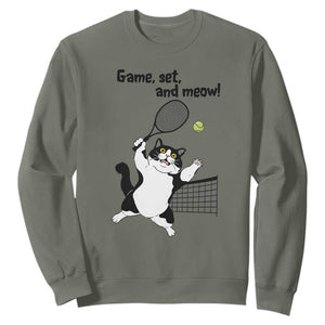 Funny Chubby Cat Tennis Sweatshirt Game Set And Meow TS12 Military Green Print Your Wear